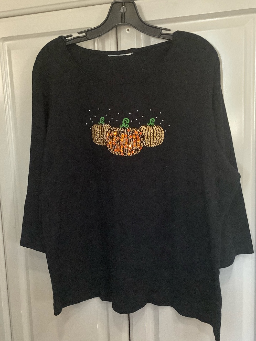 Karen Scott Black Women's Cotton Blend Autumn Fall Pumpkin Sequin Top 2X
